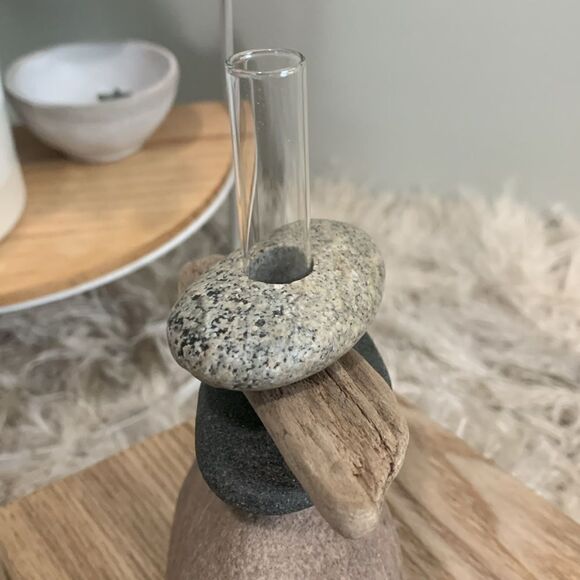 Small Cairn Style Boho Driftwood And Stone Bud Vase - Picture 5 of 14